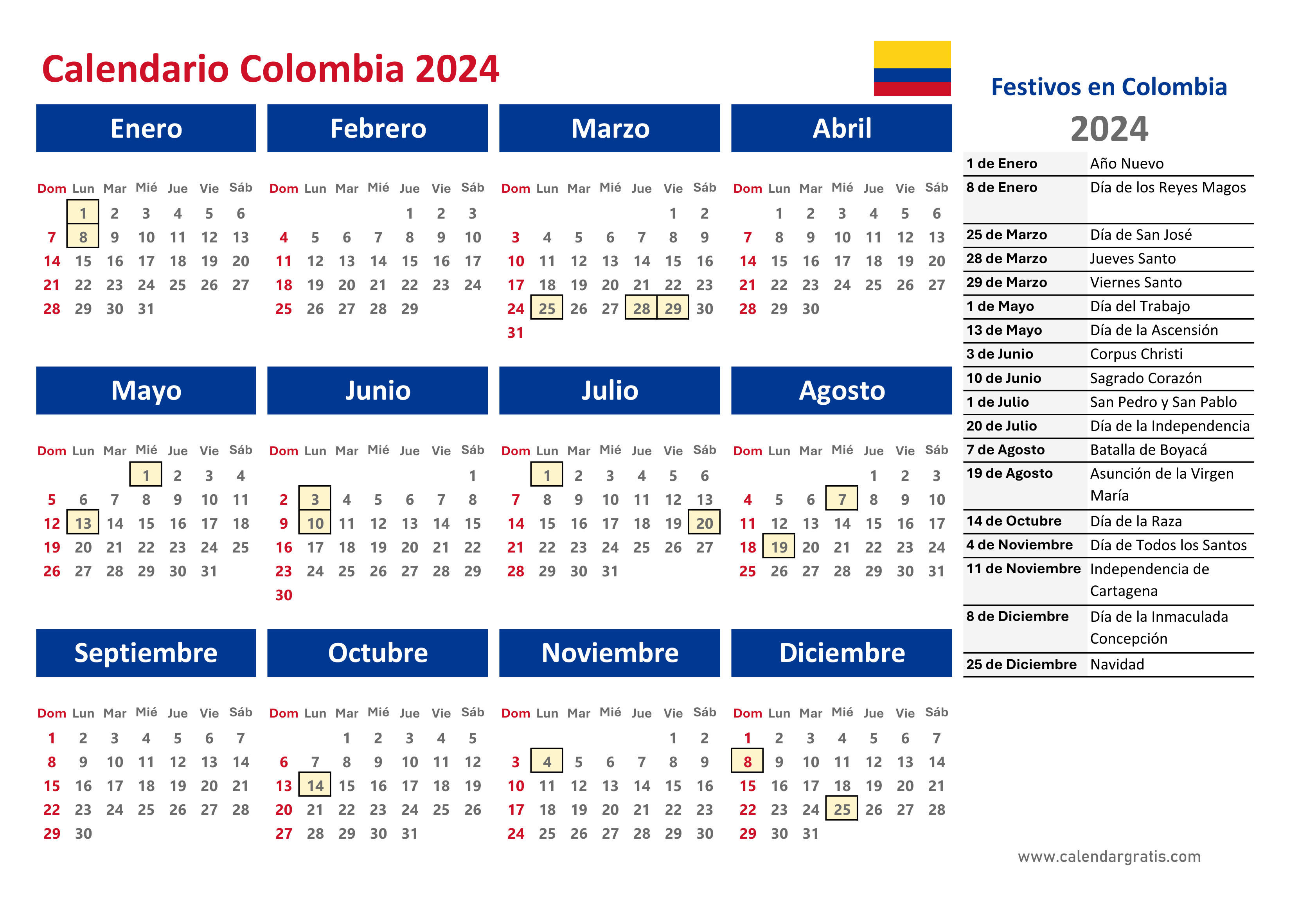 Calendario colombia con festivos para imprimir
