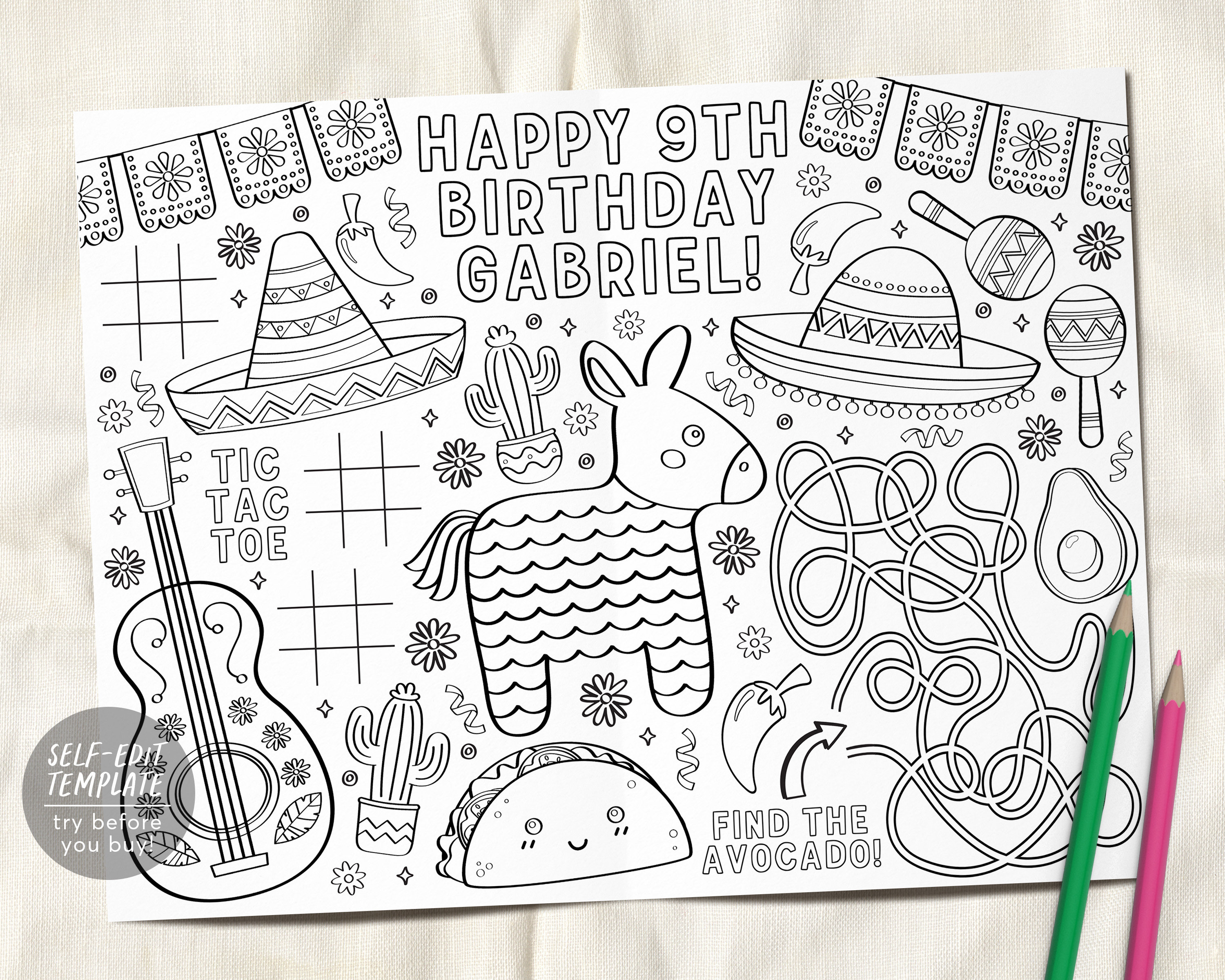 Fiesta coloring placemat for kids editable template mexican birthday party coloring page sheet table mat activity cinco de mayo piãata