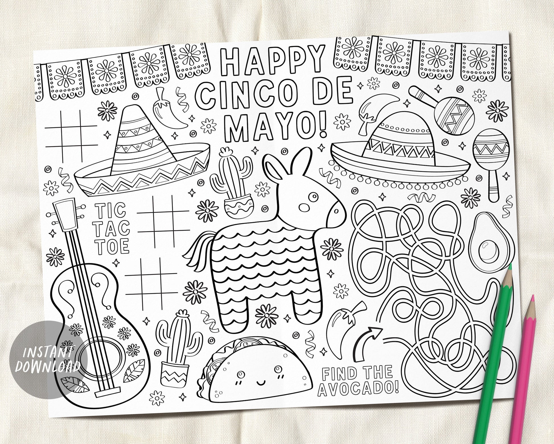 Fiesta cinco de mayo coloring placemat for kids instant download mexi â puff paper co