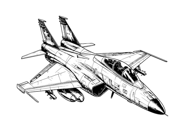 Premium vector fighter jet plane in line drawing illustration on white background for children colouring book