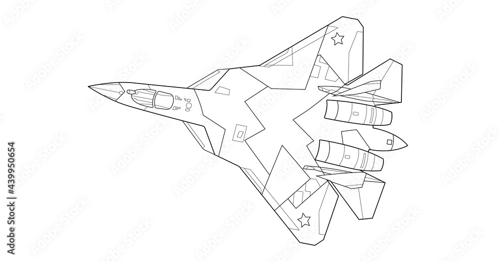 Adult military jet coloring page for book and drawing airplane and aircraft vector illustration vehicle war