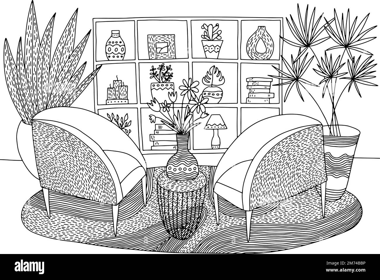 Living room interior coloring page stock vector image art