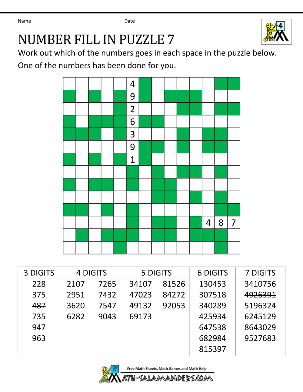 Number fill in puzzles