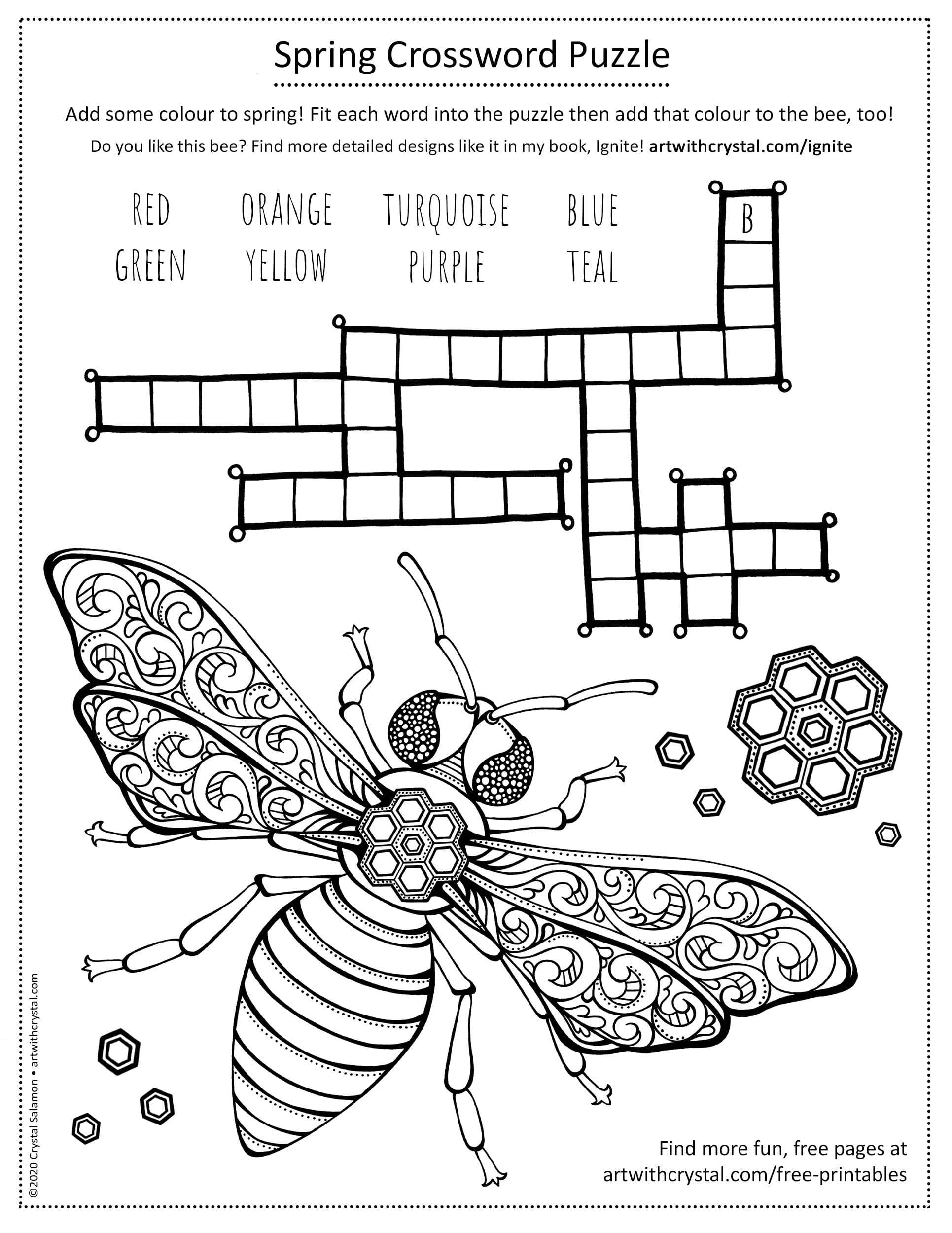 Free printable crossword puzzle bee colouring page for kids adults