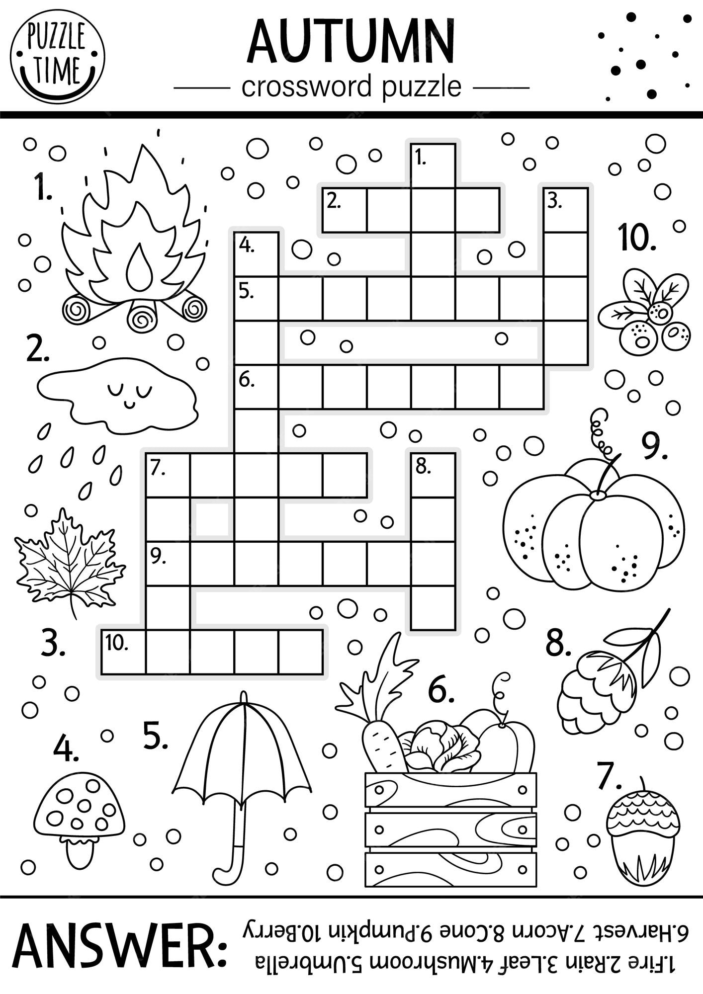 Premium vector vector black and white fall season crossword puzzle for kids simple outline quiz with autumn forest objects for children educational activity or coloring page with cute funny woodland animalsxa