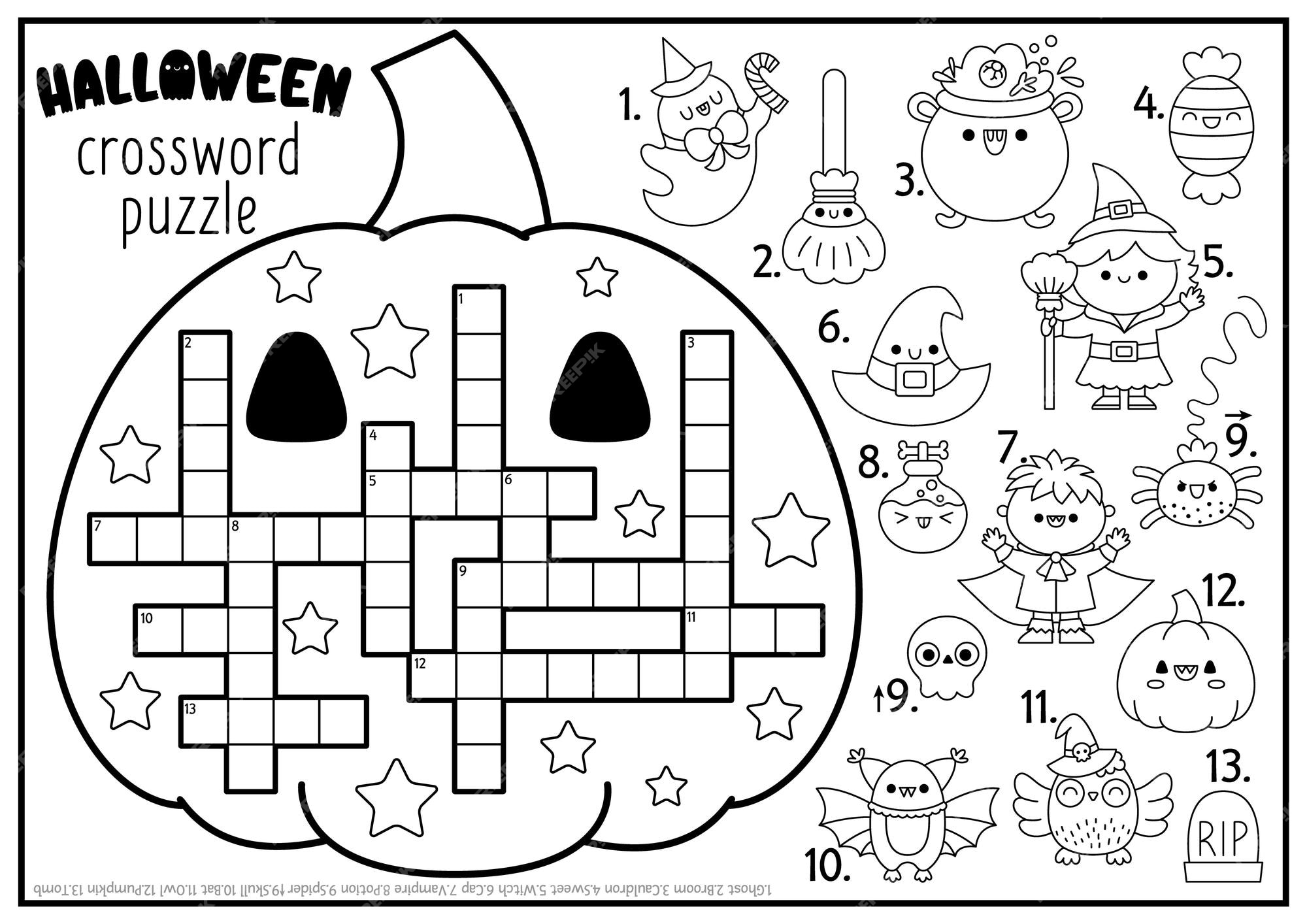 Premium vector vector black and white halloween pumpkin shaped crossword puzzle for kids autumn holiday quiz for children educational activity with kawaii symbols english language cross word coloring page