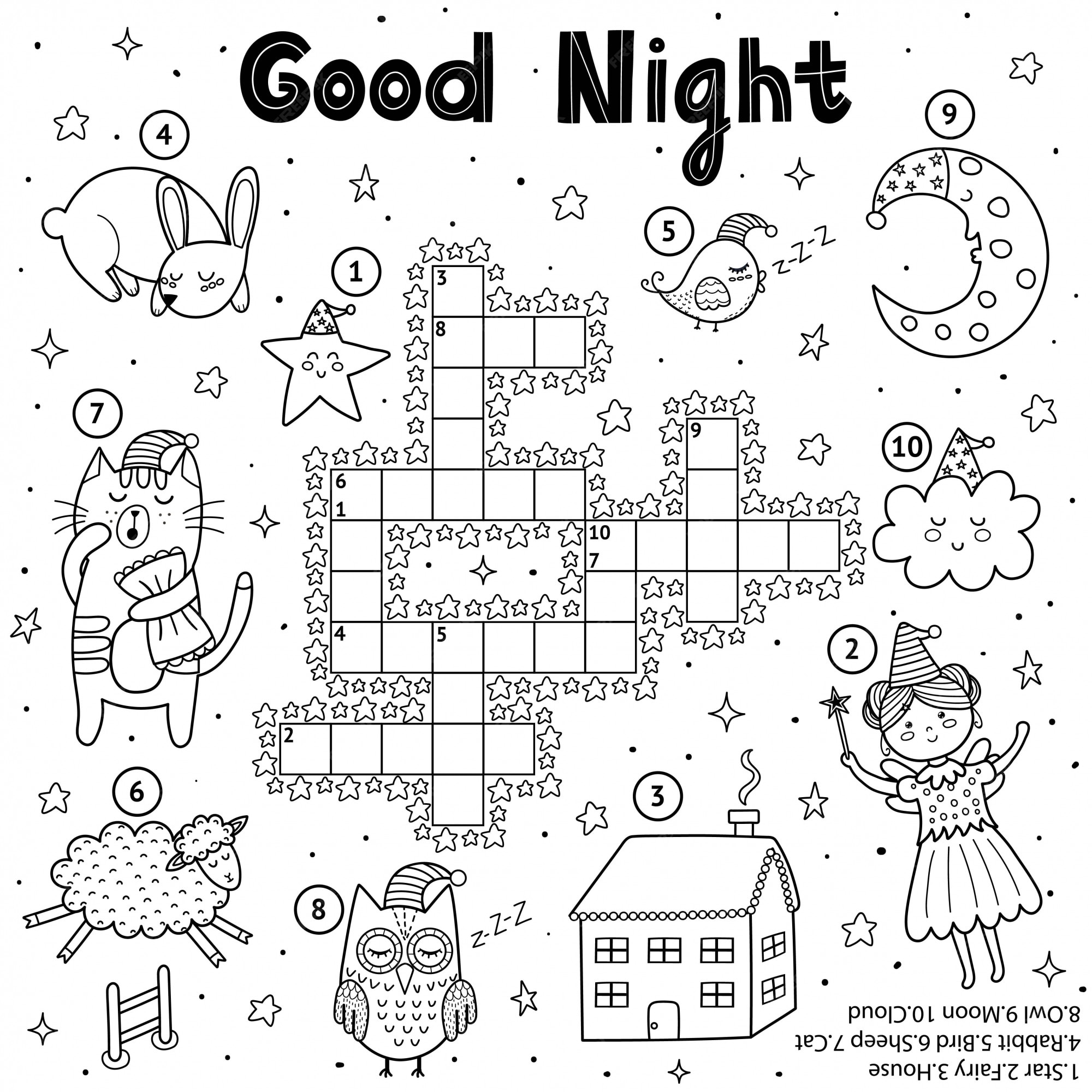 Premium vector black and white crossword game for kids good night theme coloring page