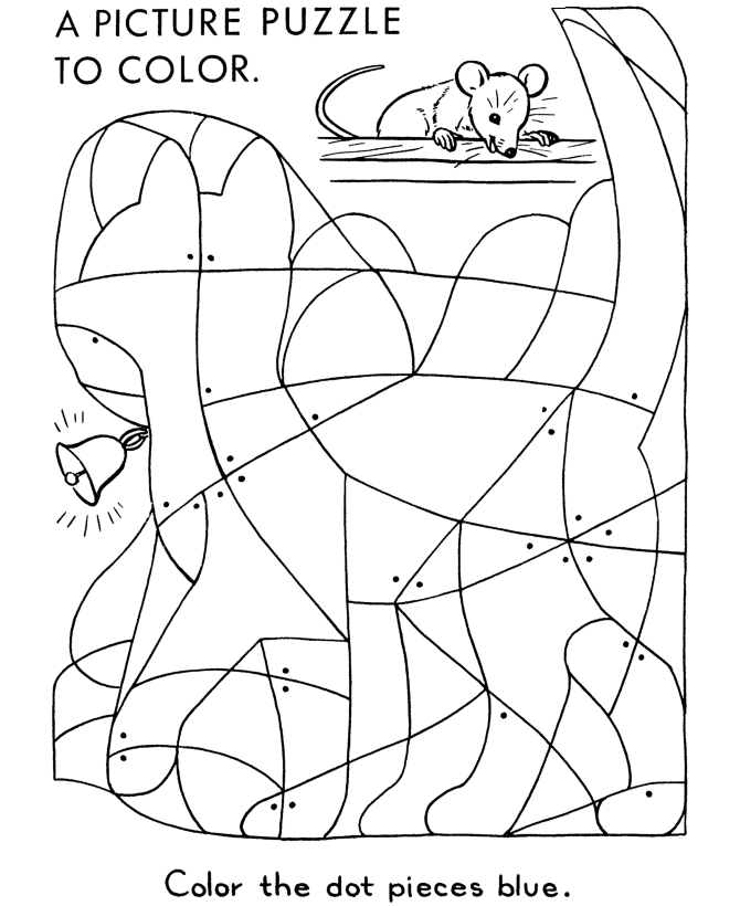 Hidden picture coloring page fill in the colors to find hidden cat with bell drawing and coloring pages kids activity sheet