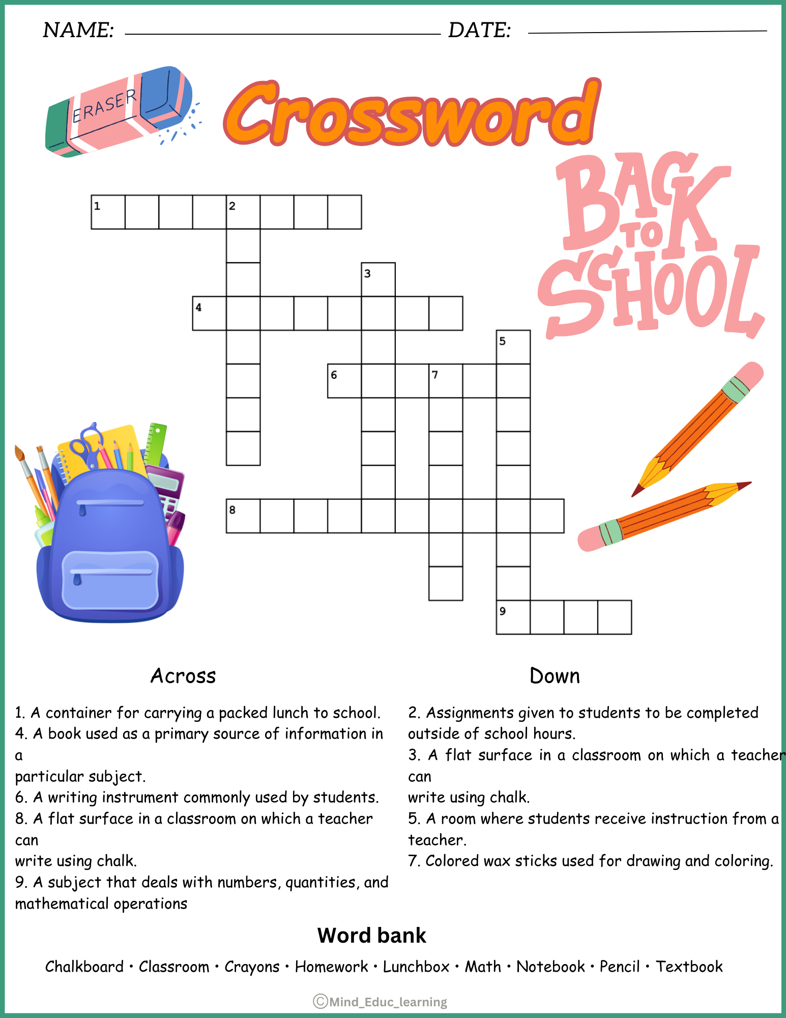 School vocabulary crossword puzzle worksheet activity made by teachers