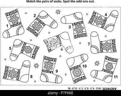 Iq training visual logic puzzle and coloring page with santas or somebodys else knitted mittens match the pairs spot the odd one out stock vector image art