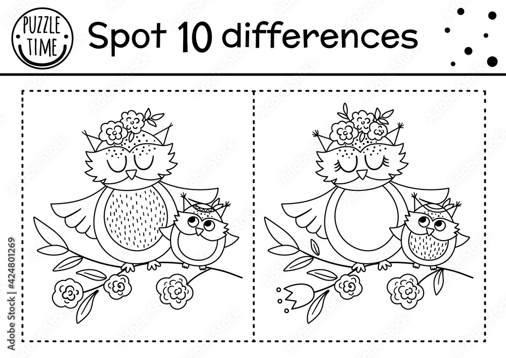 Mothers day find differences game for children with cute birds holiday black and white activity and coloring page with baby owl and mother spring printable worksheet showing family love vector