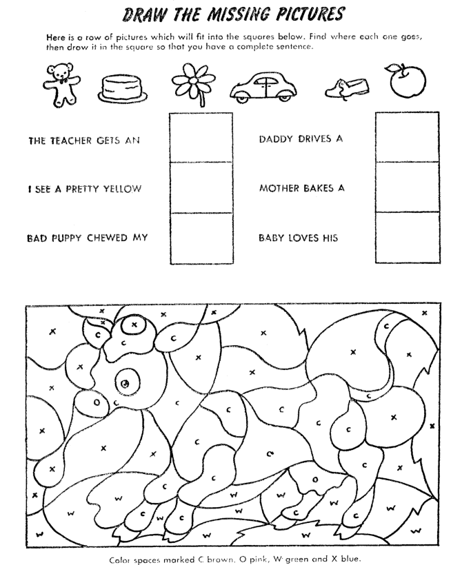 Hidden picture coloring page fill in the colors to find hidden cow drawing kids activity sheet