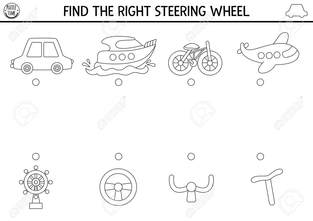 Transportation black and white matching line activity with cute transport and missing parts match the objects game with car bike boat match up coloring page with vehicle steering wheels royalty free svg