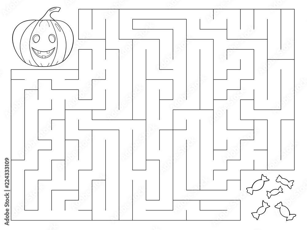 Coloring page for children halloween maze game help the pumpkin find the right way to the candies trick or treat vector illustration vector