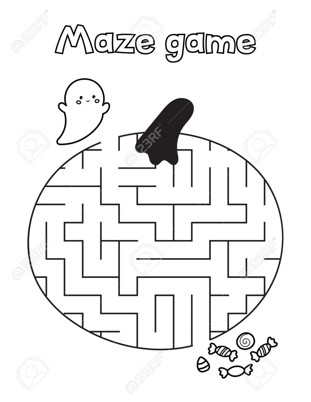 Halloween maze game for preschool kids help the ghost find candies pumpkin labyrinth shape coloring page royalty free svg cliparts vectors and stock illustration image