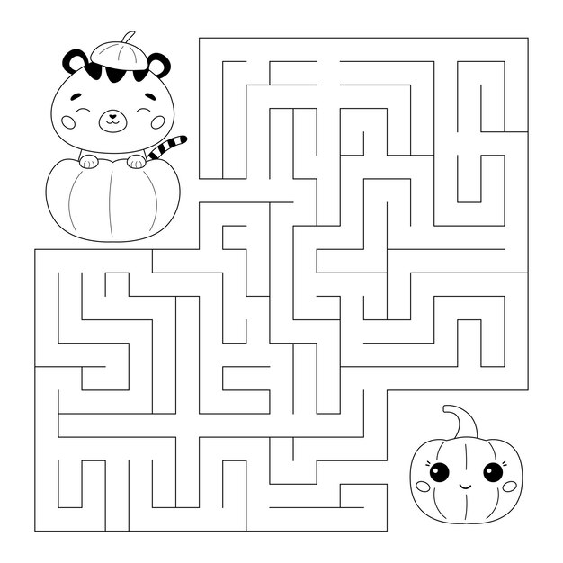 Premium vector halloween coloring page and maze game with tiger in the pumpkin