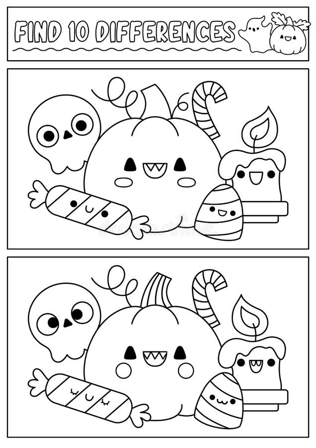 Halloween black and white find differences game for children attention skills line activity with cute pumpkin sweets puzzle for stock vector