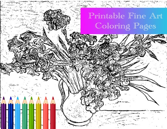 Printable x coloring page vincent van gogh irises beautiful fine art history adult coloring therapy