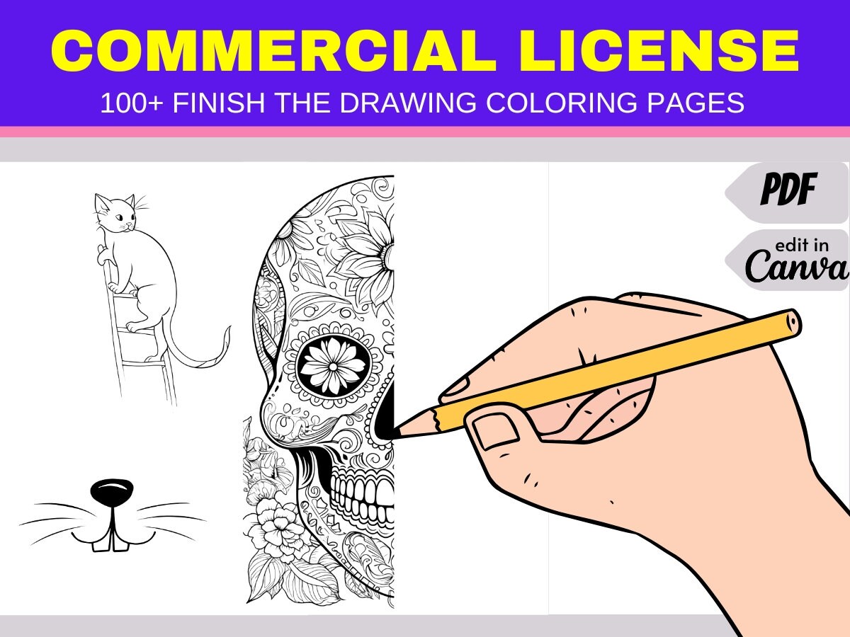 Finish the drawing pages with ercial license or private use digital download coloring bundle kdp