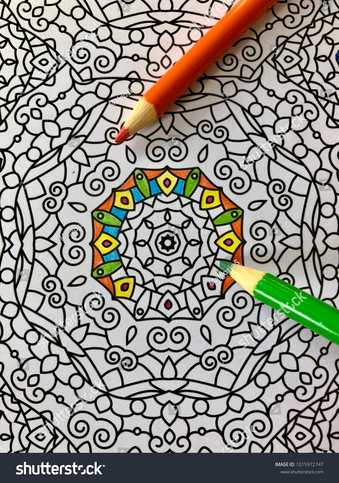 Partially pleted coloring page adult coloring stock photo