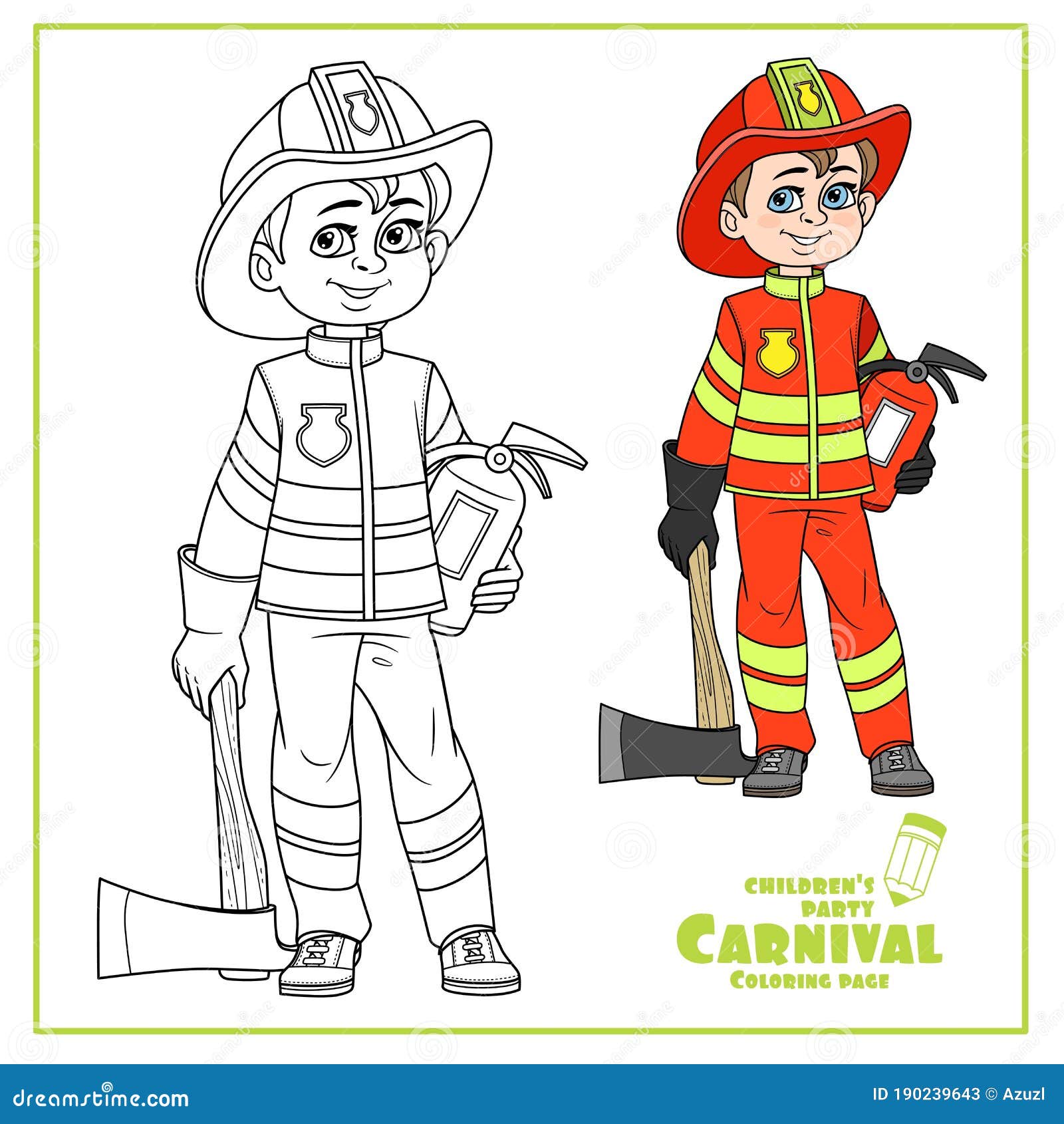 Cute boy in firefighter suit in helmet with an ax and a fire extinguisher color and outlined for coloring page stock vector