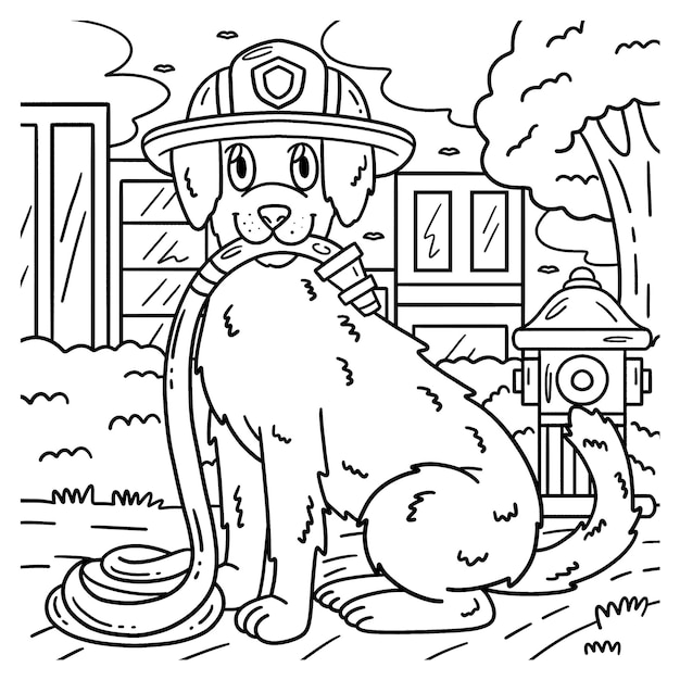 Premium vector a cute and funny coloring page of firefighter dog provides hours of coloring fun for children to color this page is very easy suitable for little kids and toddlers