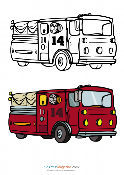 Fire truck coloring page with fully colored reference