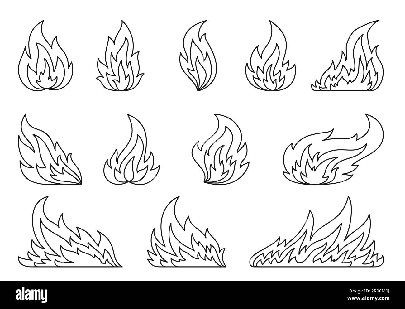 Fireball flame hot fire linear signs campfire fiery black line icon set furious flammable bustion flat clipart dangerous natural gas blazing burning wildfire bonfires on white coloring page stock vector image