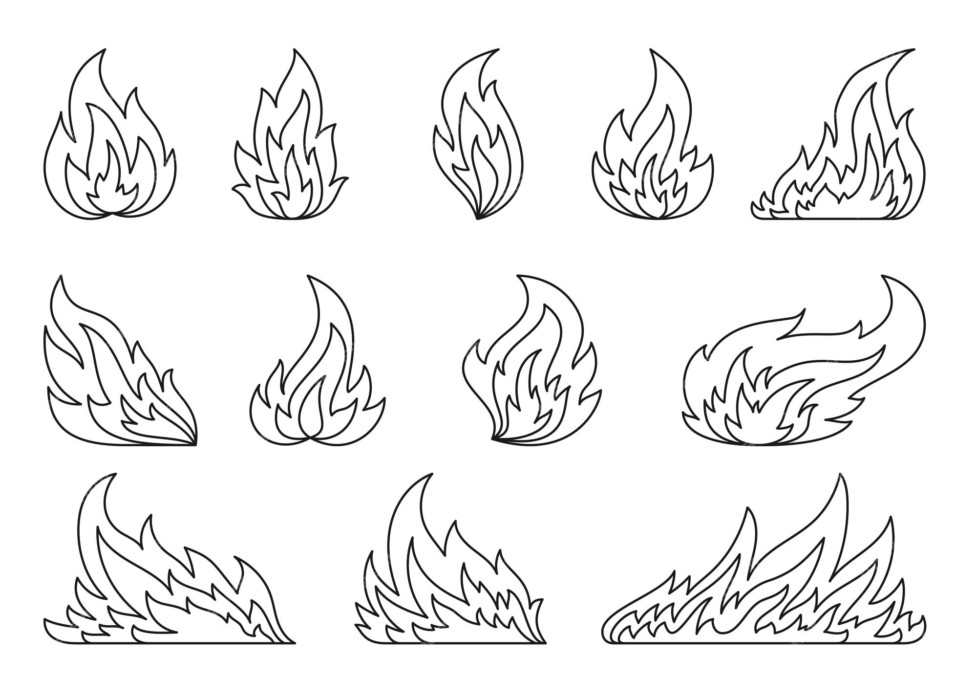 Premium vector fireball flame hot fire linear signs campfire fiery black line icon set furious flammable bustion flat clipart dangerous natural gas blazing burning wildfire bonfires on white coloring page