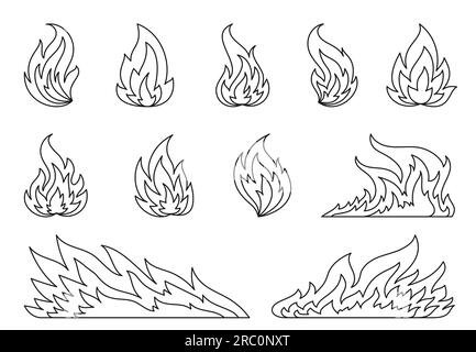 Hot temperature ic dangerous flame fires line icon cartoon fire contour flames campfire fiery outline set burning blazing wildfire bonfires isolated on white background coloring book page stock vector image art