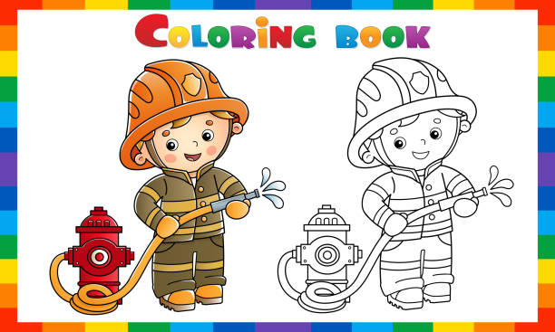 Coloring page outline of cartoon fireman or firefighter with a fire hydrant profession coloring book for kidsåéåååæååèæé