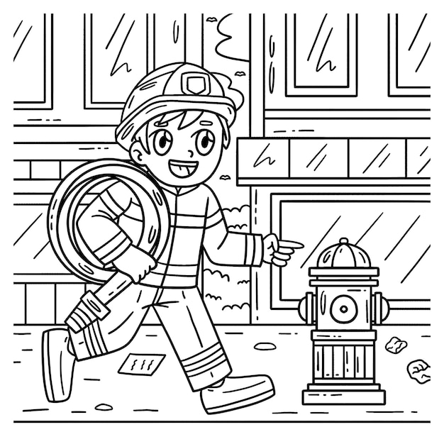 Premium vector a cute and funny coloring page of a firefighter and fire hydrant provides hours of coloring fun for children to color this page is very easy suitable for little