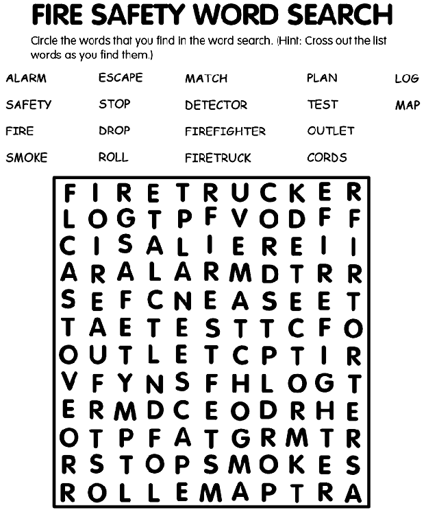 Fire safety word search coloring page