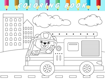 Premium vector coloring book of cute bear driving fire truck in city road vector cartoon illustration