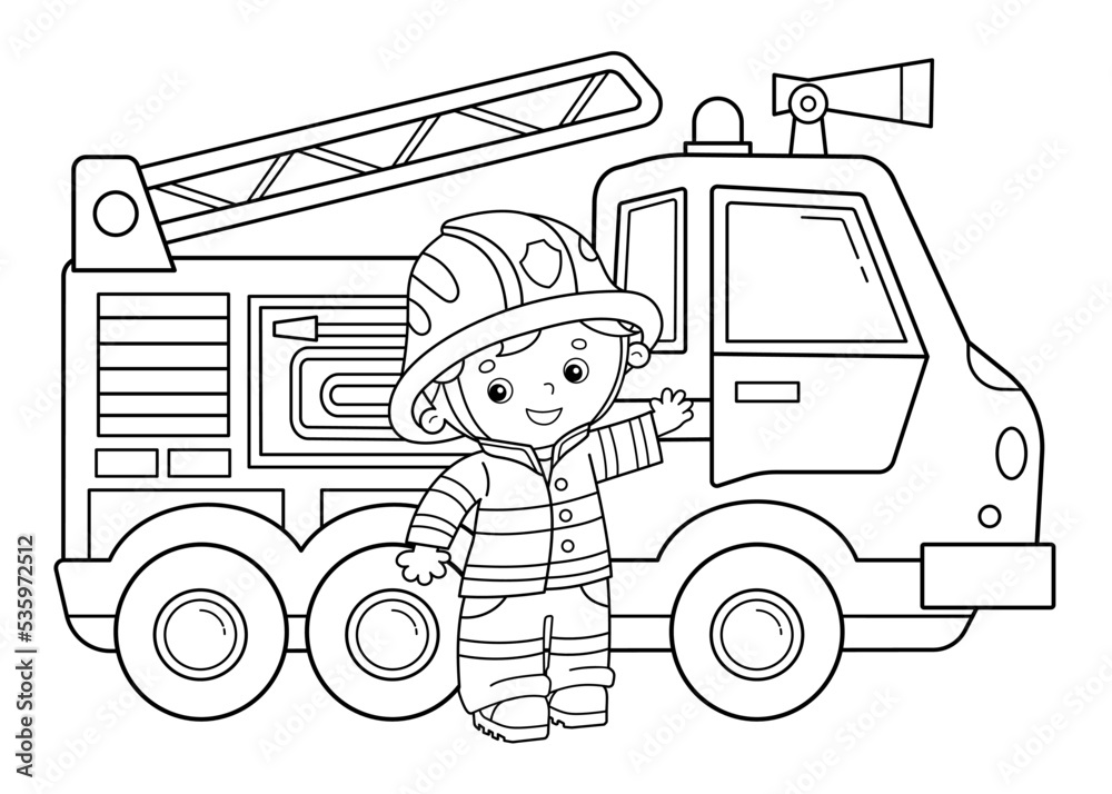 Coloring page outline of cartoon fire truck with fireman or firefighter professional transport coloring book for kids vector