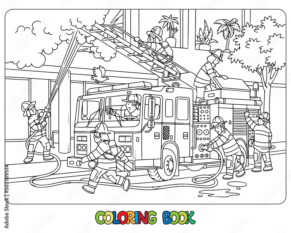 Firefighters near a fire truck coloring book vector