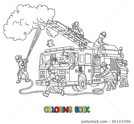 Firefighters near a fire truck coloring book