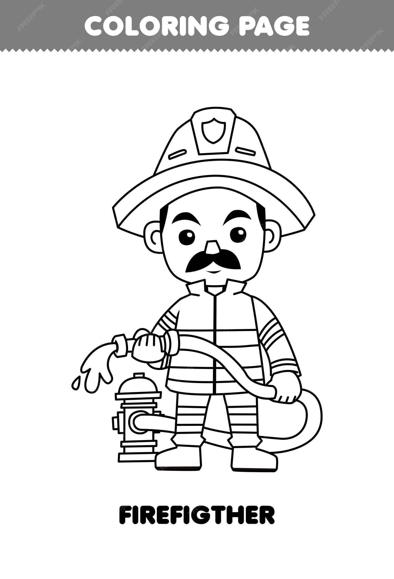 Premium vector education game for children coloring page of cute cartoon firefighter profession line art printable worksheet