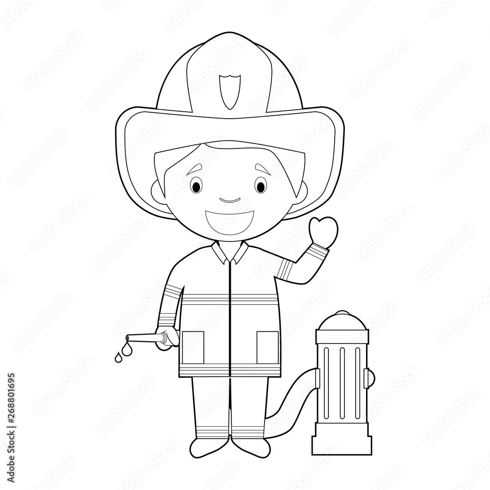 Easy coloring cartoon vector illustration of a firefighter vector