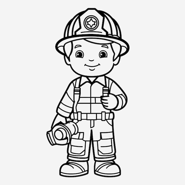 Premium photo cute firefighter coloring page full body shot with simple outline for kids