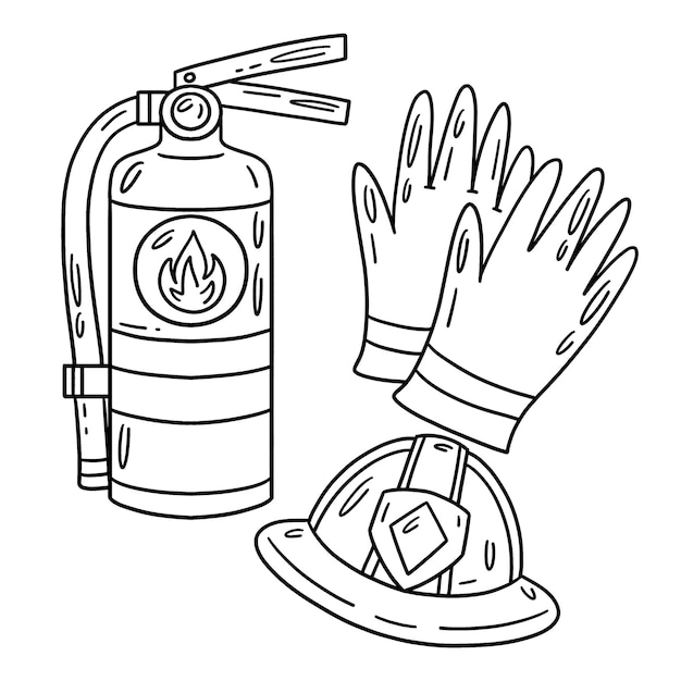 Premium vector a cute and funny coloring page of a firefighter hat gloves and fire extinguisher provides hours of coloring fun for children to color this page is very easy suitable