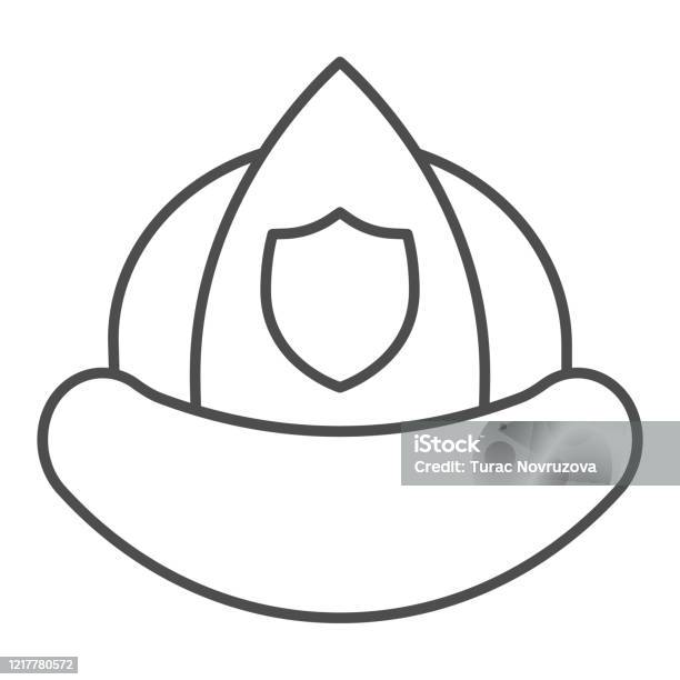 Firefighters helmet thin line icon fireman protection hat with a shield emblem outline style pictogram on