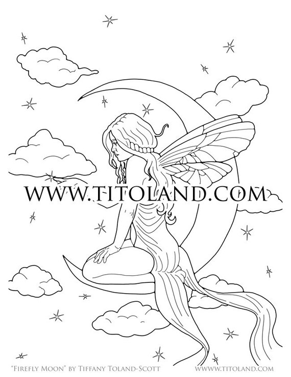 Coloring page adult fairy fantasy firefly moon art coloring sheet