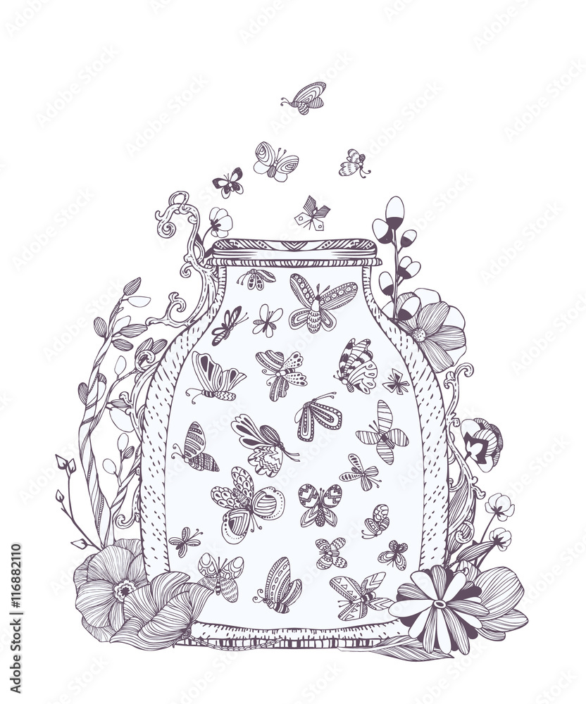 Black and white set of cute butterflies in bug flowers jar with fireflies doodle collection for adult coloring book page hand drawn vector illustration decorative separated elements vector