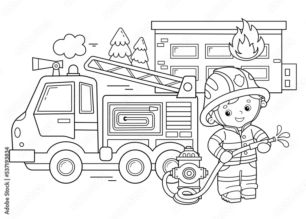 Coloring page outline of cartoon fire truck with fireman or firefighter fire fighting professional transport coloring book for kids vector