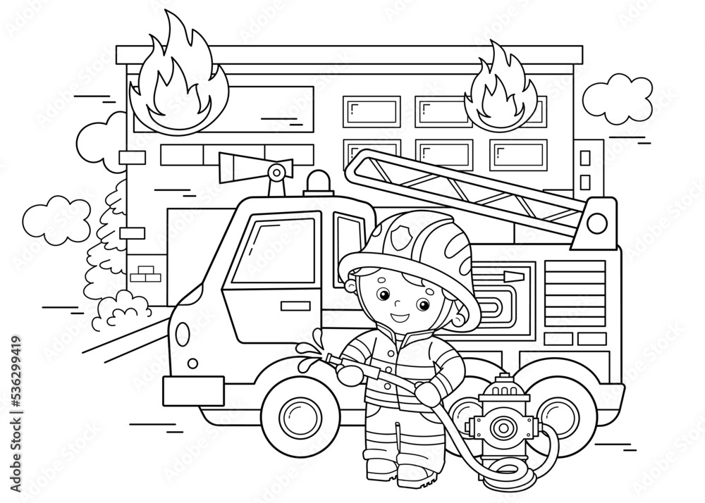 Coloring page outline of cartoon fire truck with fireman or firefighter fire fighting professional transport coloring book for kids vector
