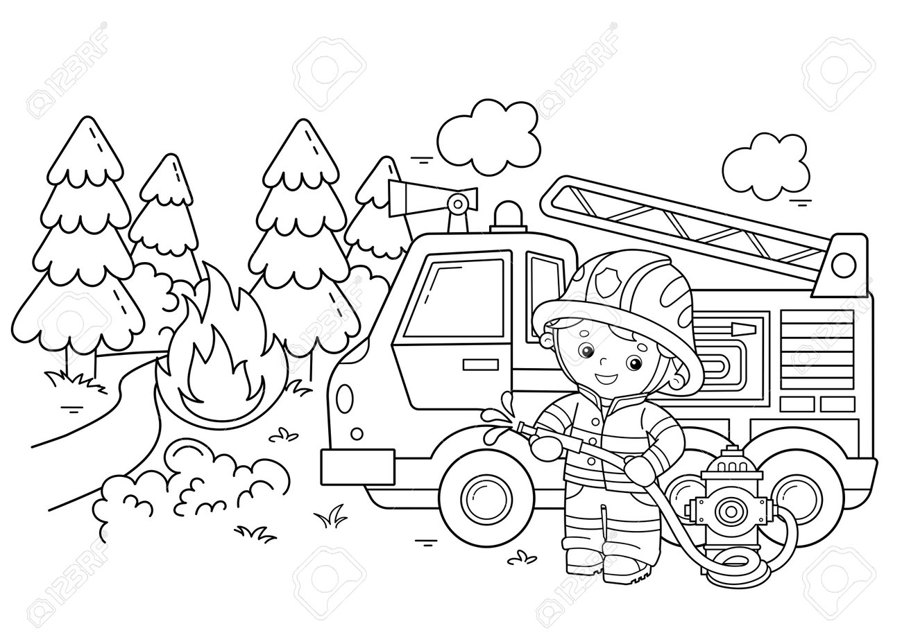 Coloring page outline of cartoon fire truck with fireman or firefighter fire fighting professional transport coloring book for kids royalty free svg cliparts vectors and stock illustration image