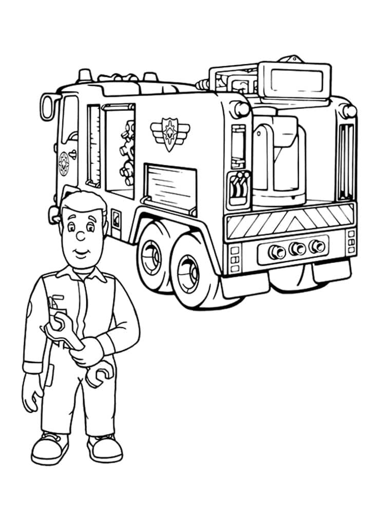 Fireman sam repairing a fire truck coloring page