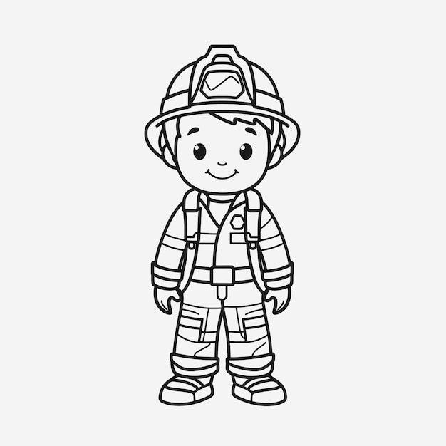 Premium photo cute firefighter coloring page full body shot with simple outline for kids