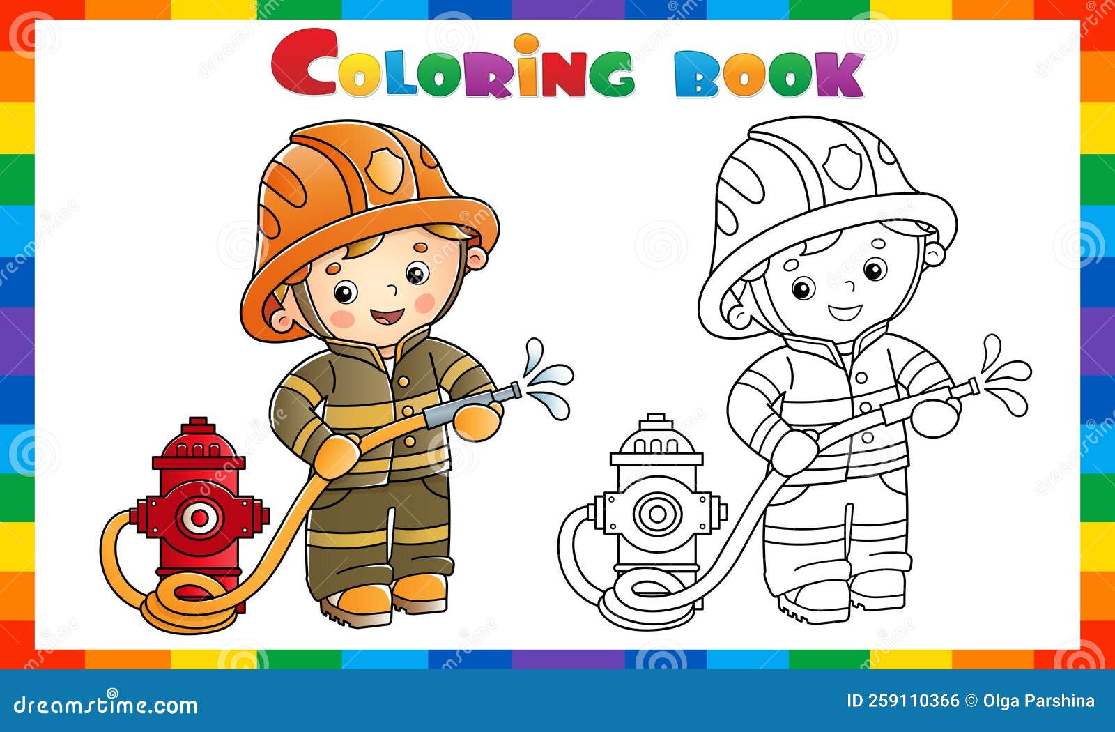 Coloring page outline of cartoon fireman or firefighter with a fire hydrant profession stock vector